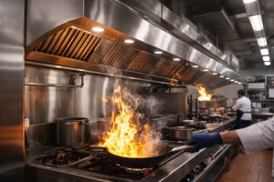 מנדף למטבח תעשייתי בפעולה מעל כיריים עם להבות בישול