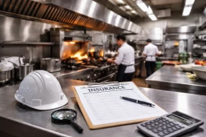 מטבח תעשייתי עם ציוד נידוף, קסדת בטיחות וטופס ביטוח מונח על שולחן נירוסטה